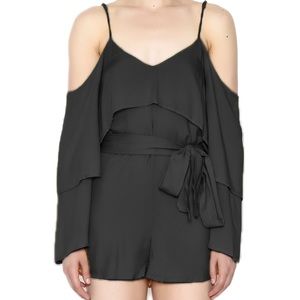 Vintage Honey Belle Black Ruffle Cold Shoulder Belted Romper